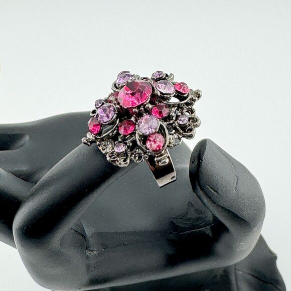 Vintage Purple Pink Crystal Rhinestone Cluster Starburst Fashion Ring Adjustable - Picture 4 of 8